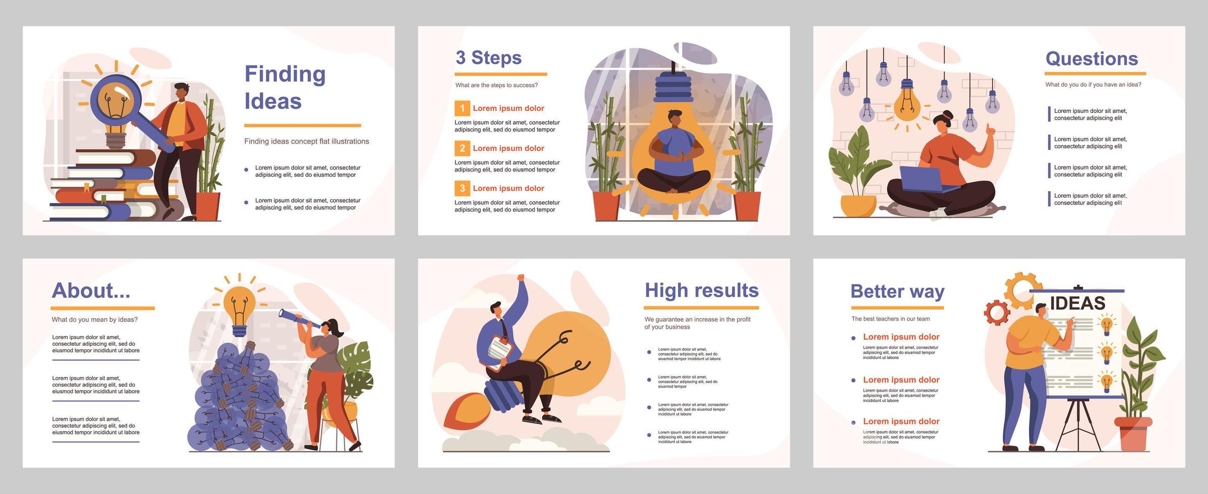 ideeënconcept vinden voor presentatiediasjabloon. mensen komen met nieuwe ideeën, brainstormen, ontwikkelen een projectplan en een successtrategie. vectorillustratie met platte personen voor lay-outontwerp vector