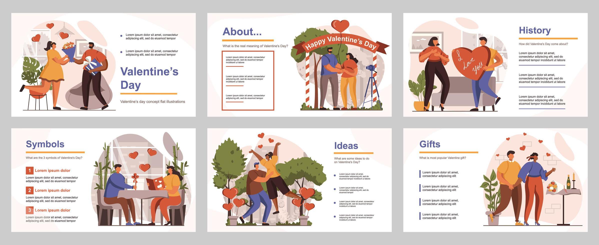 Valentijnsdag concept voor presentatiesjabloon. mensen die romantische vakantie vieren, geschenken geven, koppels op date, liefdesrelatie. vectorillustratie met platte personen voor lay-outontwerp vector