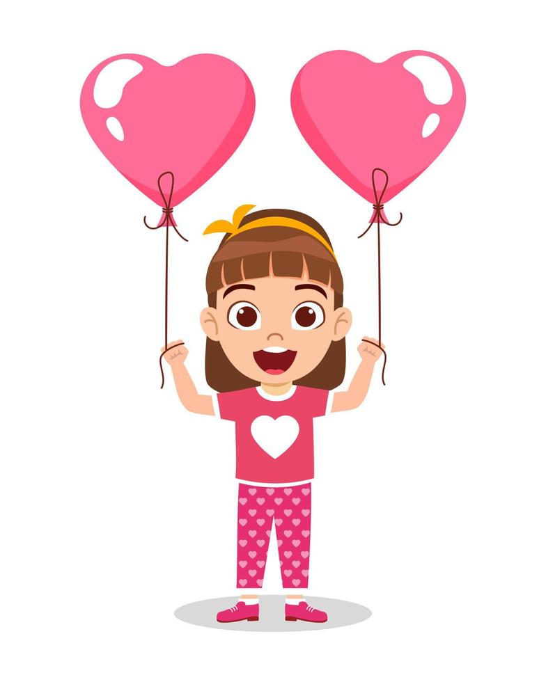 gelukkig schattig kind meisje karakter staande en houden hartvorm liefde ballonnen vector