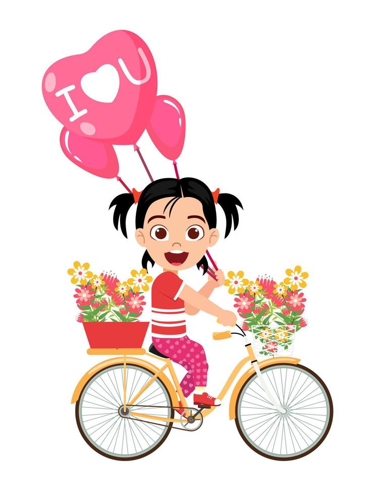 schattig mooi gelukkig kind meisje karakter rijden fiets met hart vorm liefde ballonnen en bloemen vector