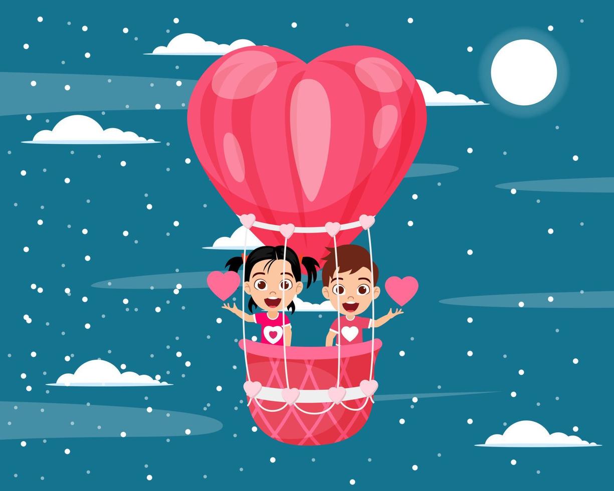 gelukkig schattig kind jongen en meisje karakter vliegen met hete lucht hart vorm valentijn ballon en zwaaien met hart vorm symbool op hemelachtergrond met wolken vector