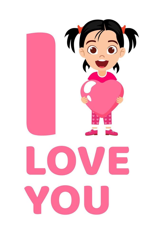 gelukkig schattig mooi kind meisje karakter dragen t-shirt en hart vorm liefde plakkaat met ik hou van je tekst houden vector