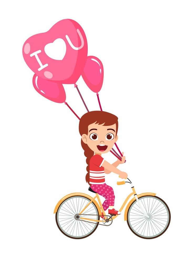 schattig mooi gelukkig kind meisje karakter rijden fiets met hart vorm liefde ballonnen vector
