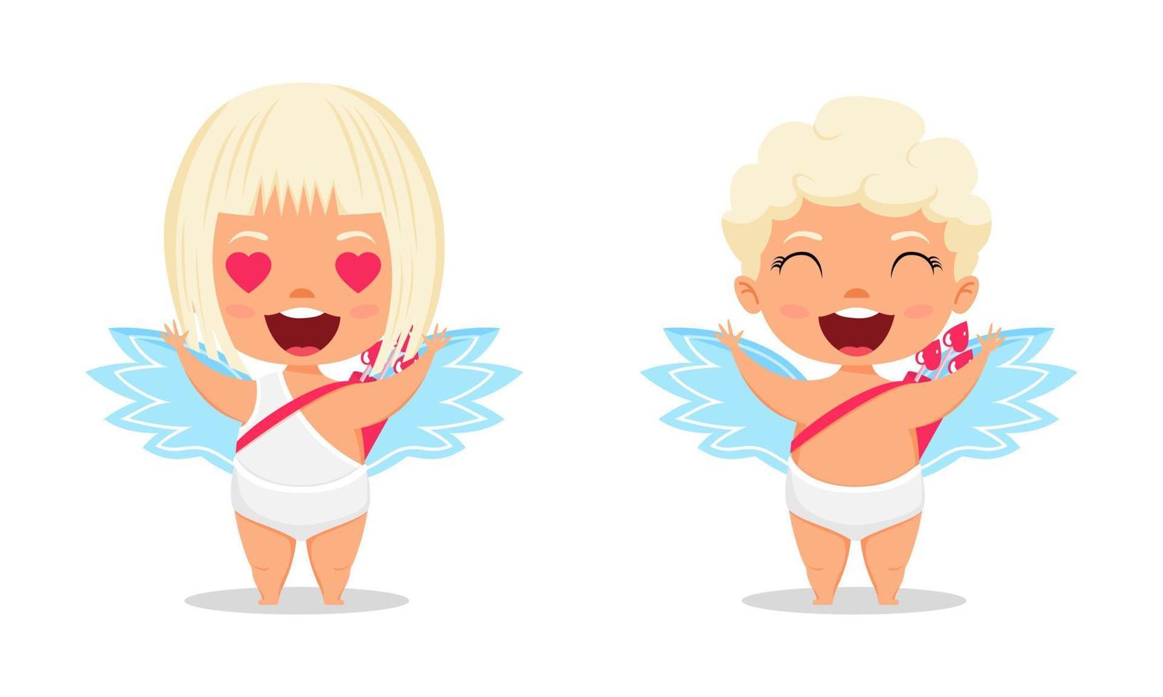 gelukkige schattige cupido-personages met vleugels en staande poseren met pijl met vrolijke uitdrukking geïsoleerd op een witte achtergrond vector