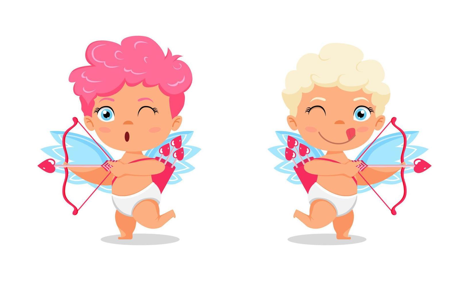 gelukkige schattige cupido-personages met vleugels en staan in tegenovergestelde richting en poseren met pijl en wijzen met vrolijke uitdrukking geïsoleerd op een witte achtergrond vector