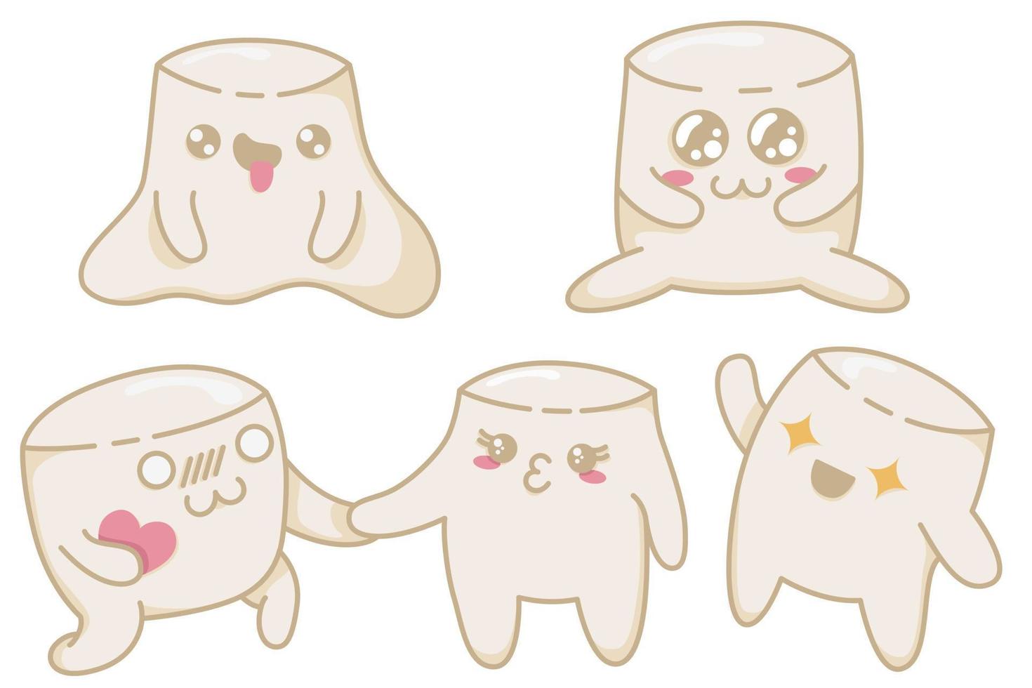 een set schattige kawaii marshmallows met verschillende emoties in anime-stijl. kawaii marshmallow-personages in een vlakke stijl, met de hand getekende ansichtkaarten om hun gevoelens te uiten vector