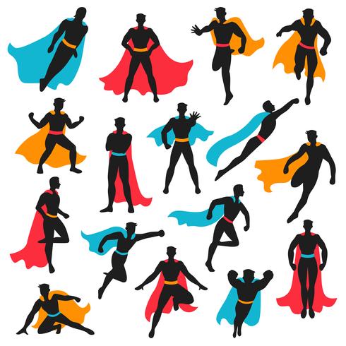 Set van zwarte superheld silhouetten vector