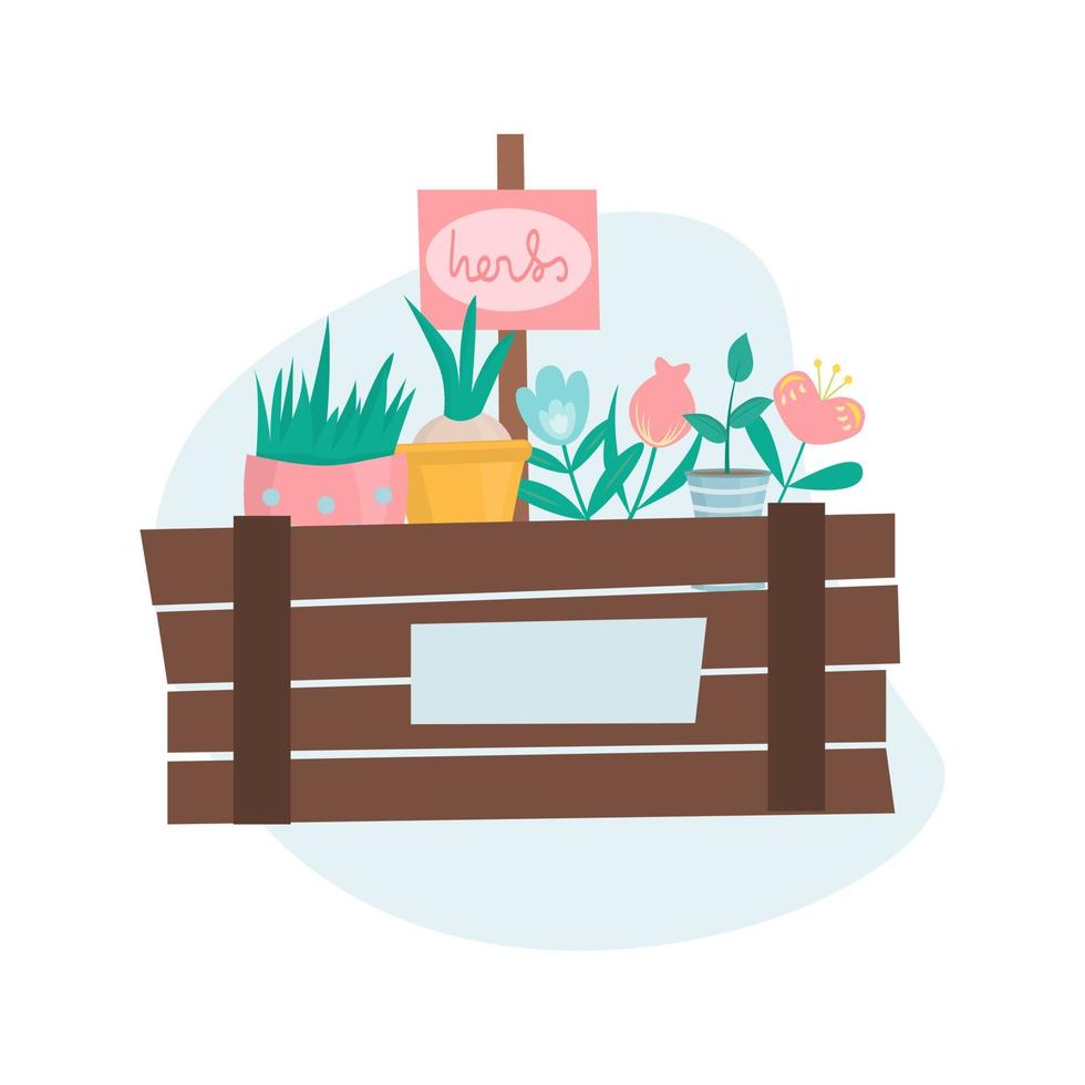 schattig tuinieren houten krat lente platte vectorillustratie vector