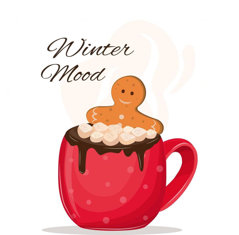 x-mas kerst postkaart peperkoek in de rode koffiekopje. aanwezig, warme dranken vector