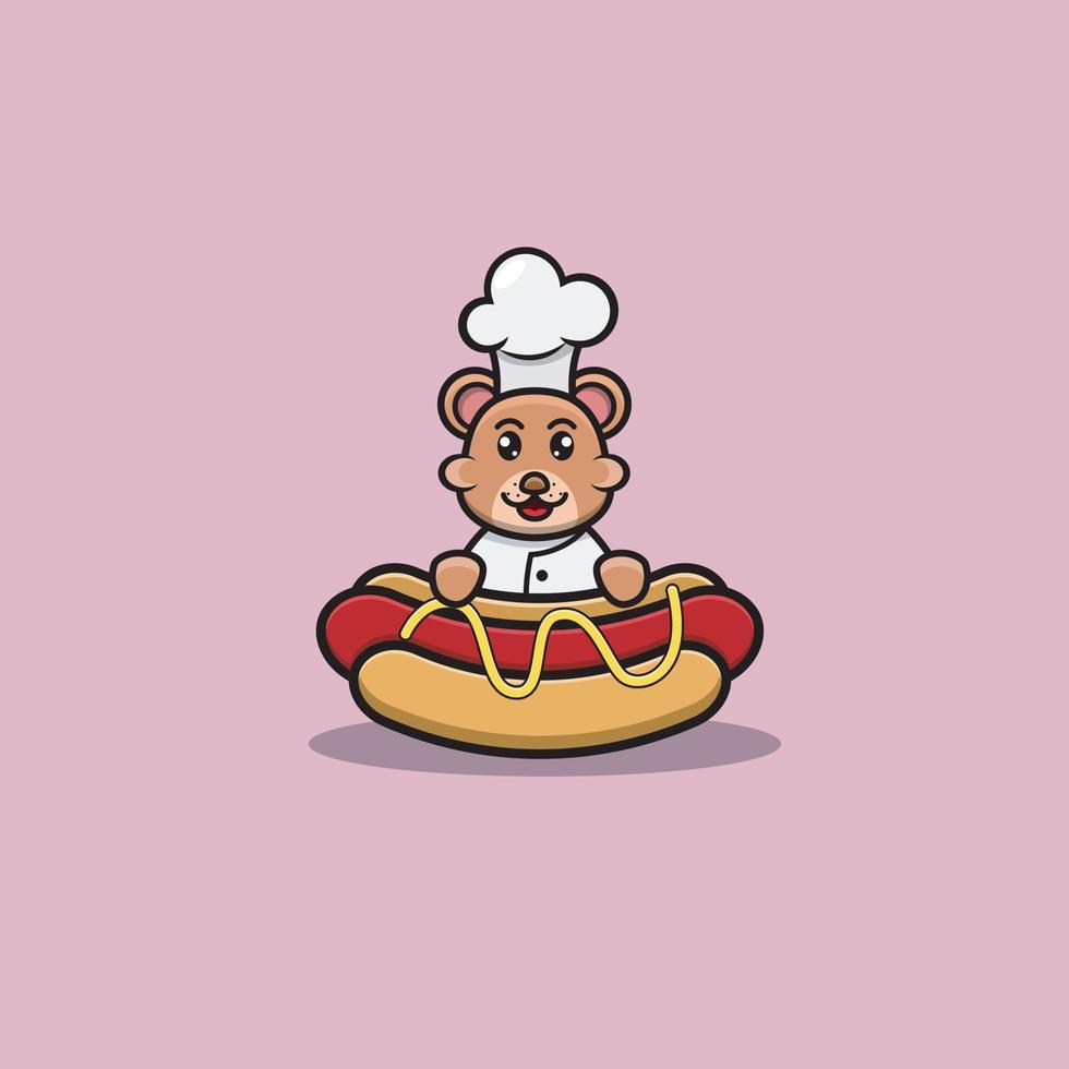 schattige baby beer chef-kok met hot dot. karakter, logo, pictogram, cartoon en inspiratieontwerp. vector