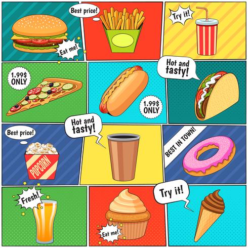 Fast Food Comic Panelen Collectie Poster vector