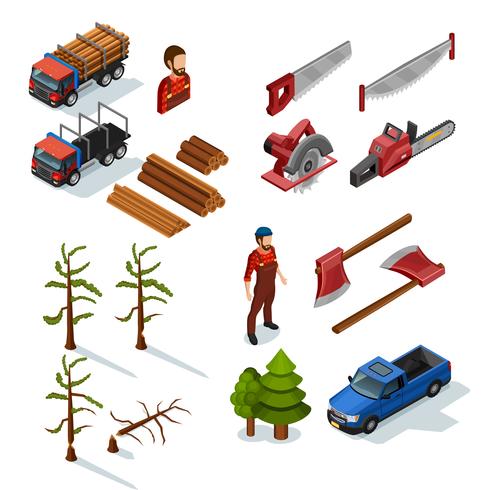 Lumberjack isometric Icons Set vector
