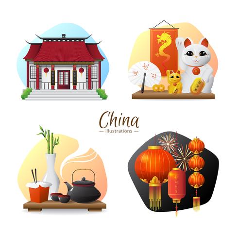 China Symbolen 4 Pictogrammen Vierkante Samenstelling vector