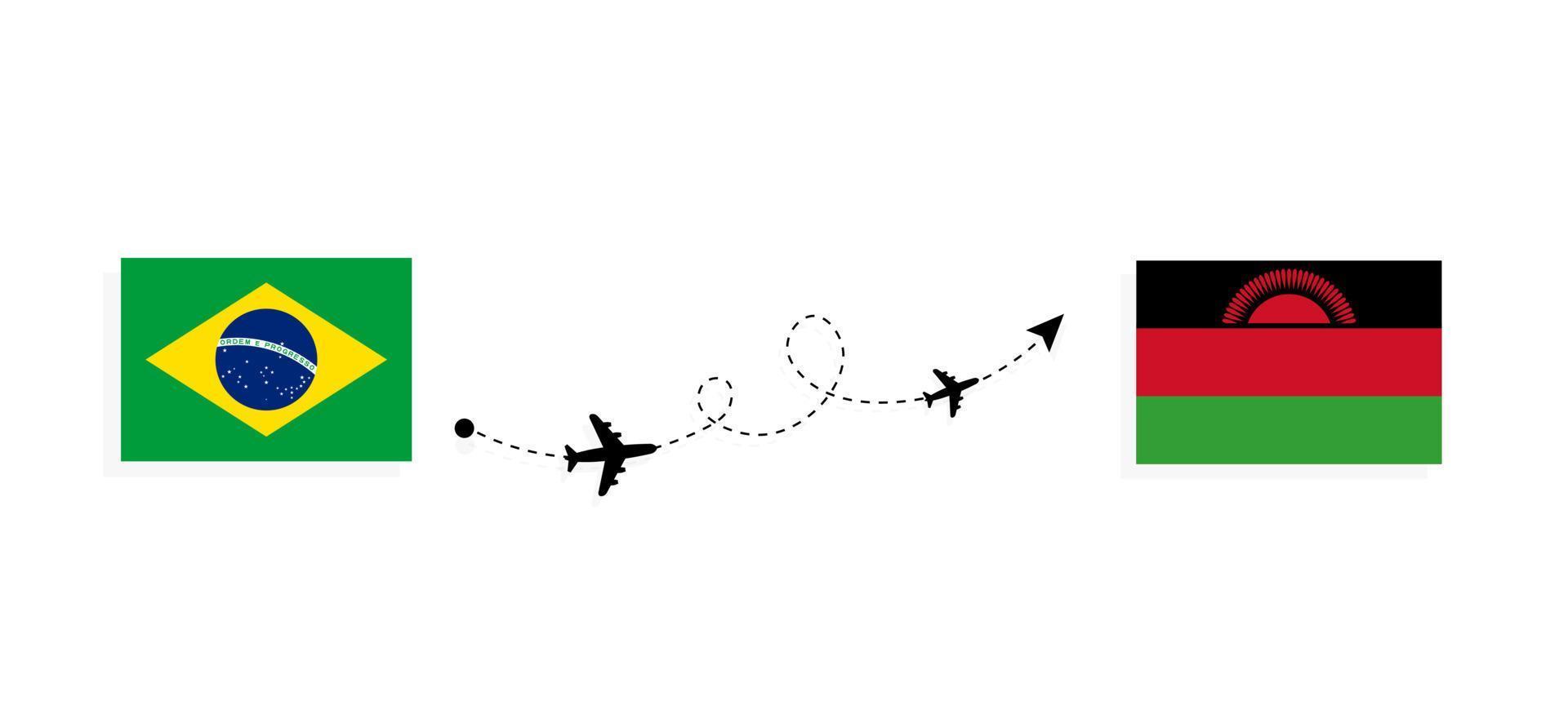 vlucht en reis van Brazilië naar Malawi per reisconcept voor passagiersvliegtuigen vector