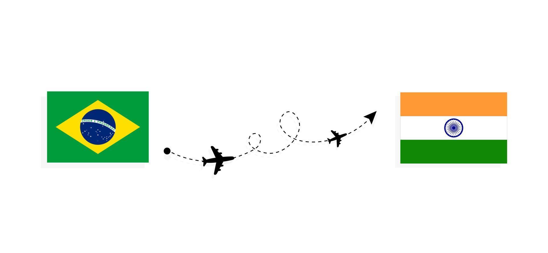 vlucht en reis van Brazilië naar India per reisconcept voor passagiersvliegtuigen vector