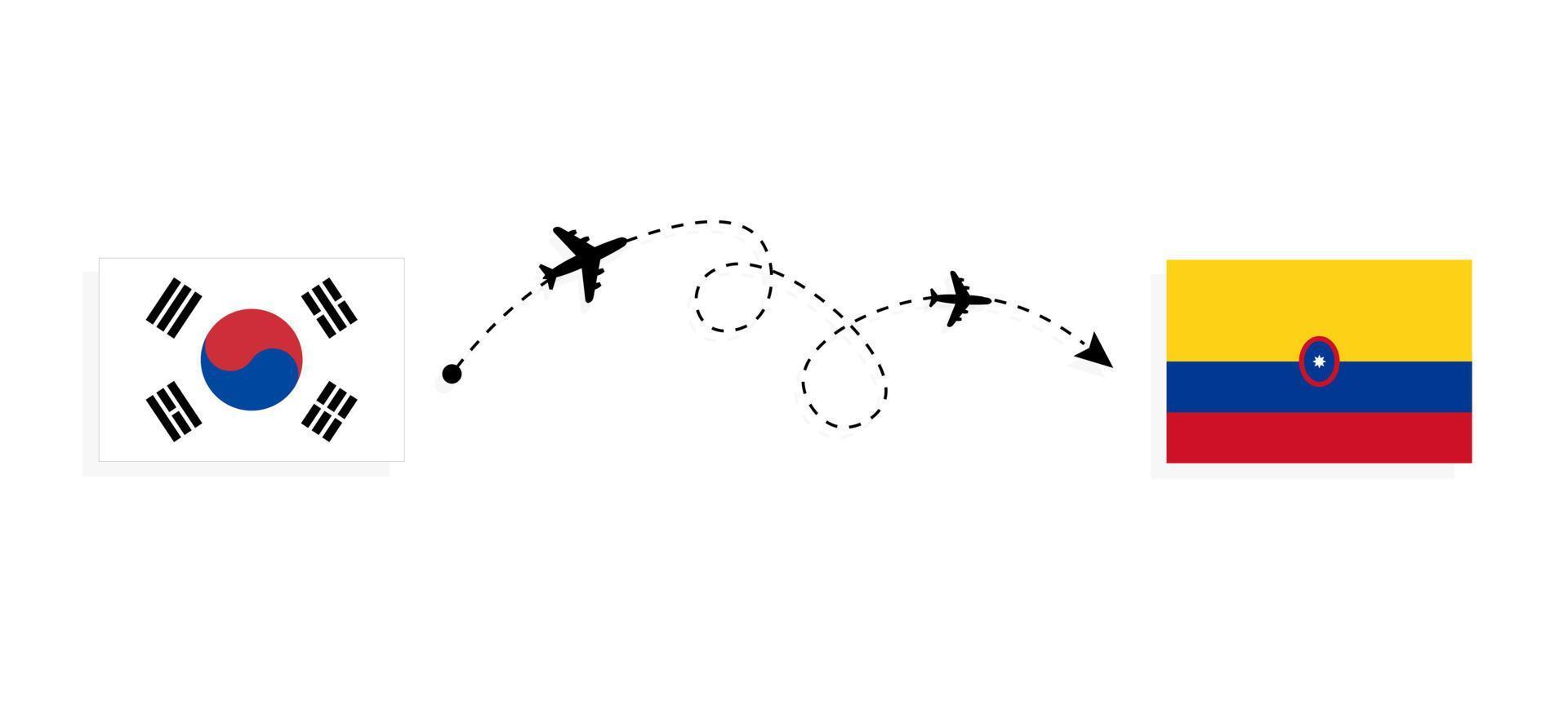 vlucht en reis van Zuid-Korea naar Colombia per reisconcept voor passagiersvliegtuigen vector