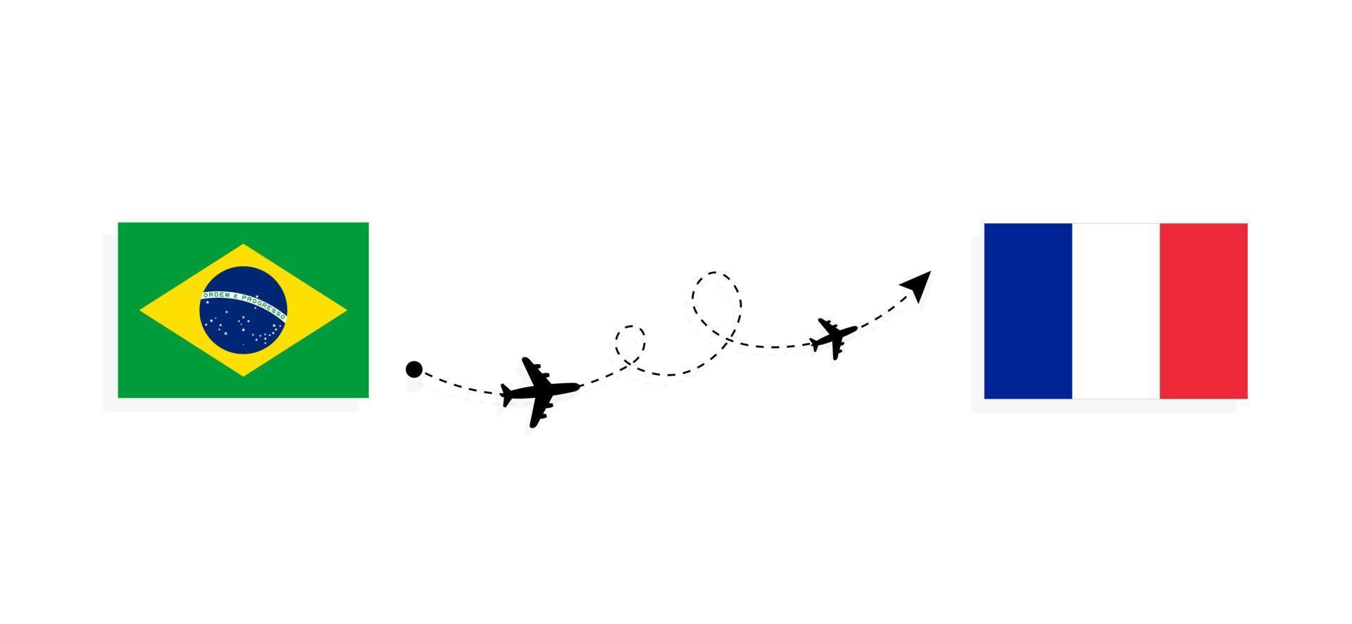 vlucht en reis van Brazilië naar Frankrijk per reisconcept voor passagiersvliegtuigen vector