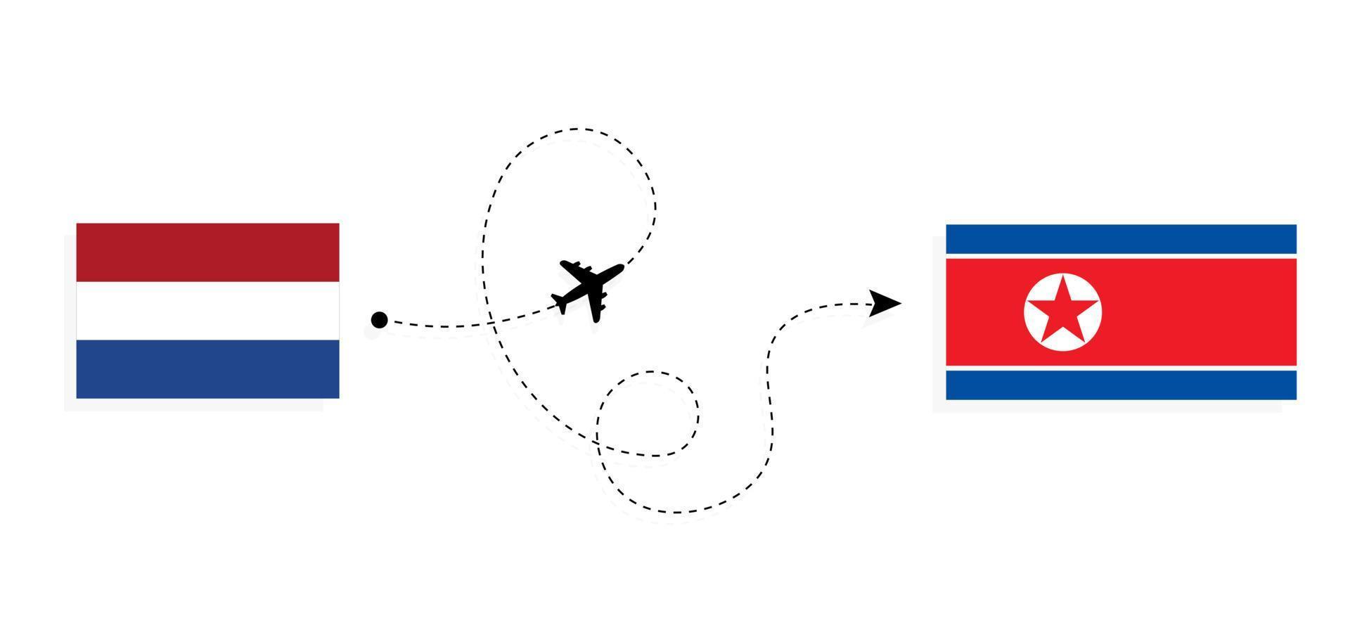 vlucht en reis van nederland naar noord korea per passagiersvliegtuig reisconcept vector