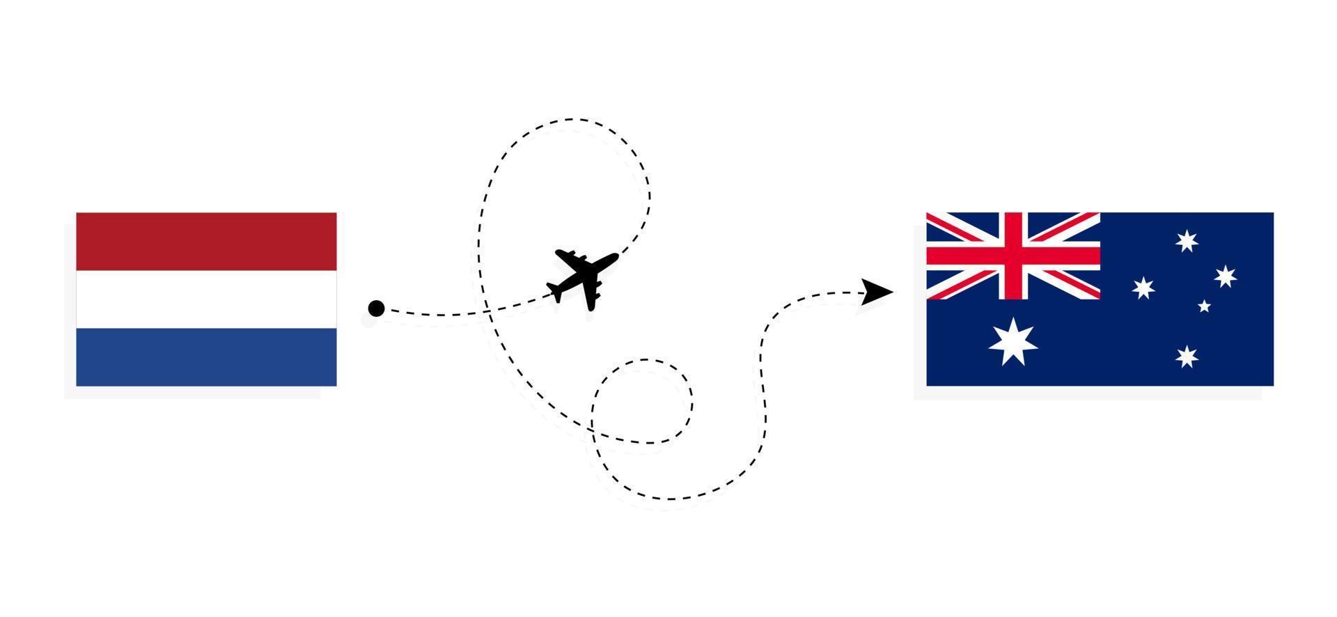 vlucht en reis van nederland naar australië per passagiersvliegtuig reisconcept vector