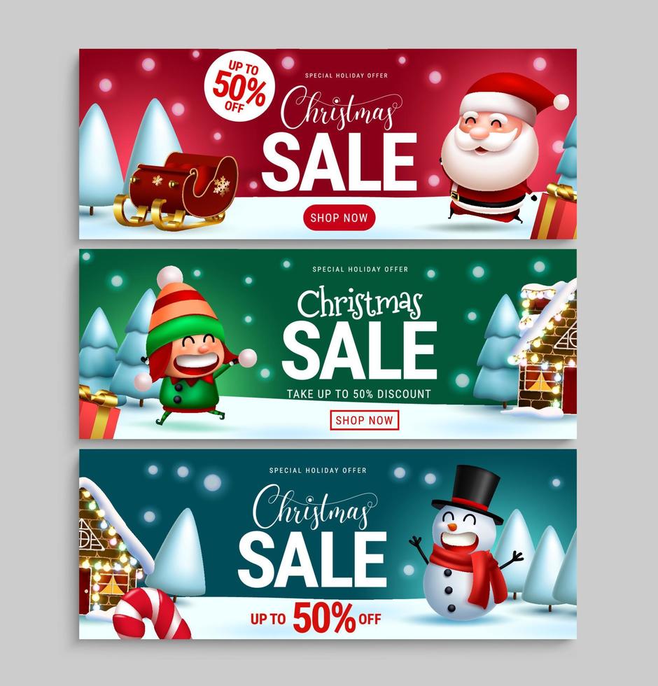 kerstvakantie verkoop vector banner set. speciale kerstaanbieding verkooptekst met kortingspromo voor kerstseizoensadvertentiepromotie. vector illustratie