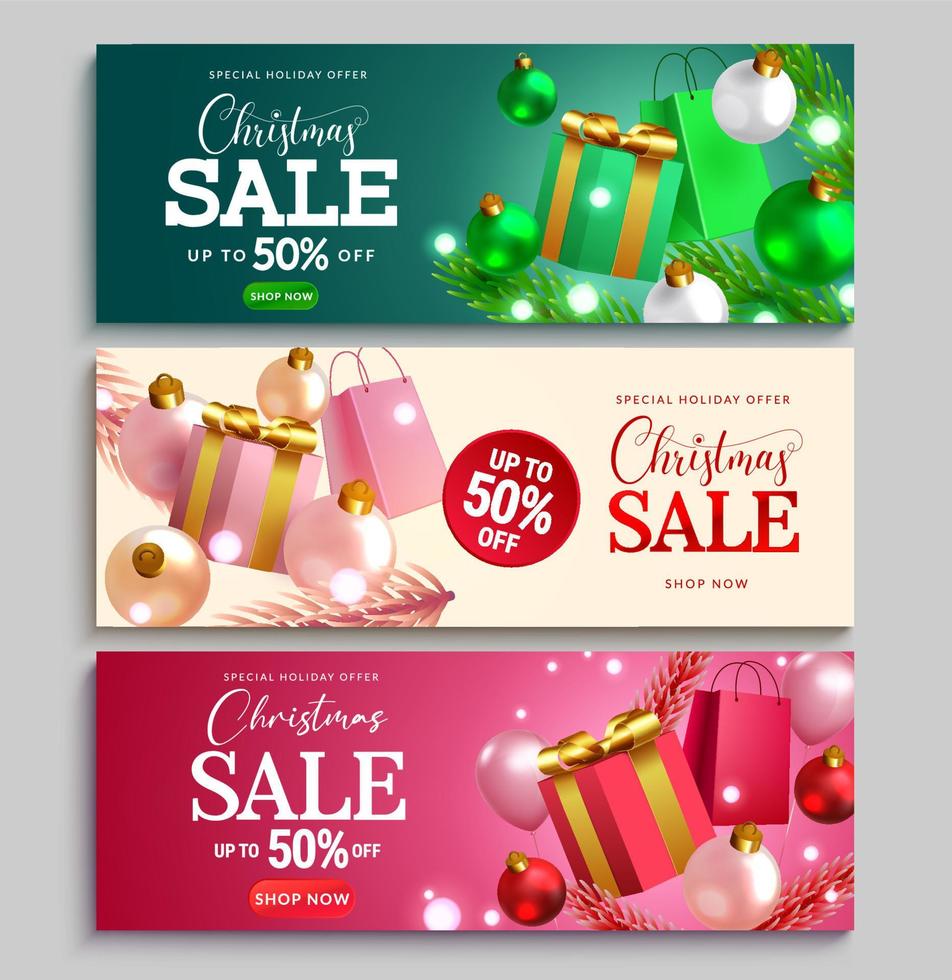 kerst verkoop vector banner set. kerstuitverkoop speciale vakantieaanbiedingstekst met korting voor promotie van kerstvieringen. vectorillustratie.