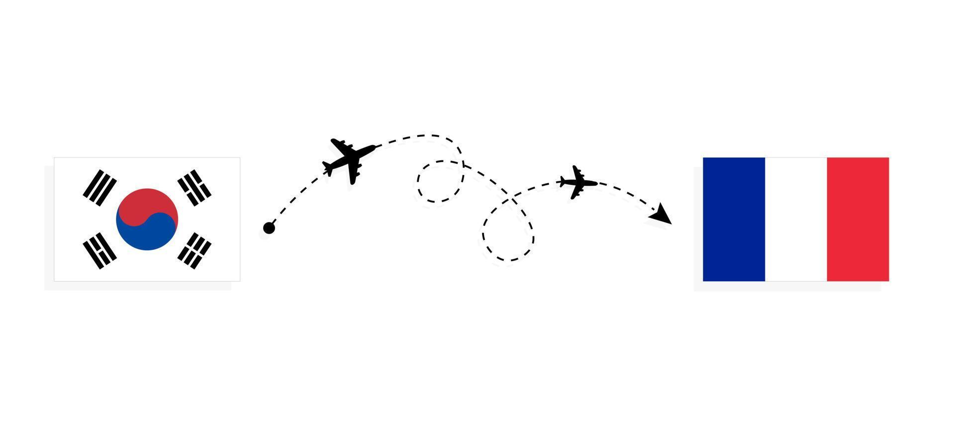 vlucht en reis van Zuid-Korea naar Frankrijk per reisconcept voor passagiersvliegtuigen vector