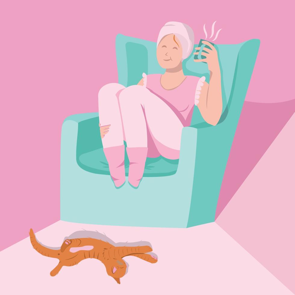 jonge vrouw zit in een fauteuil met een kopje thee in de hand vector