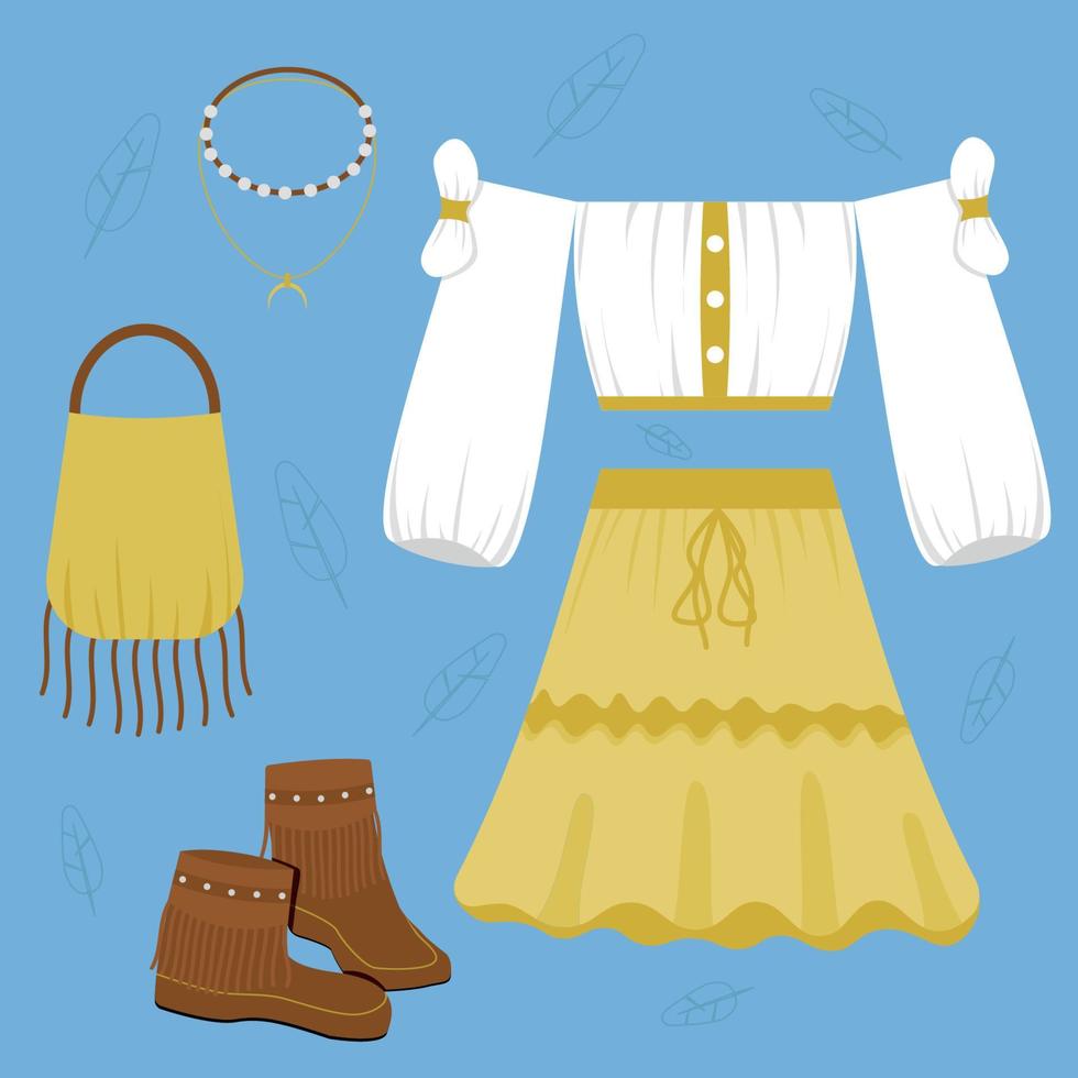 vrouw boho outfit set witte blouse, gele rok, ketting, bruine laarzen vector