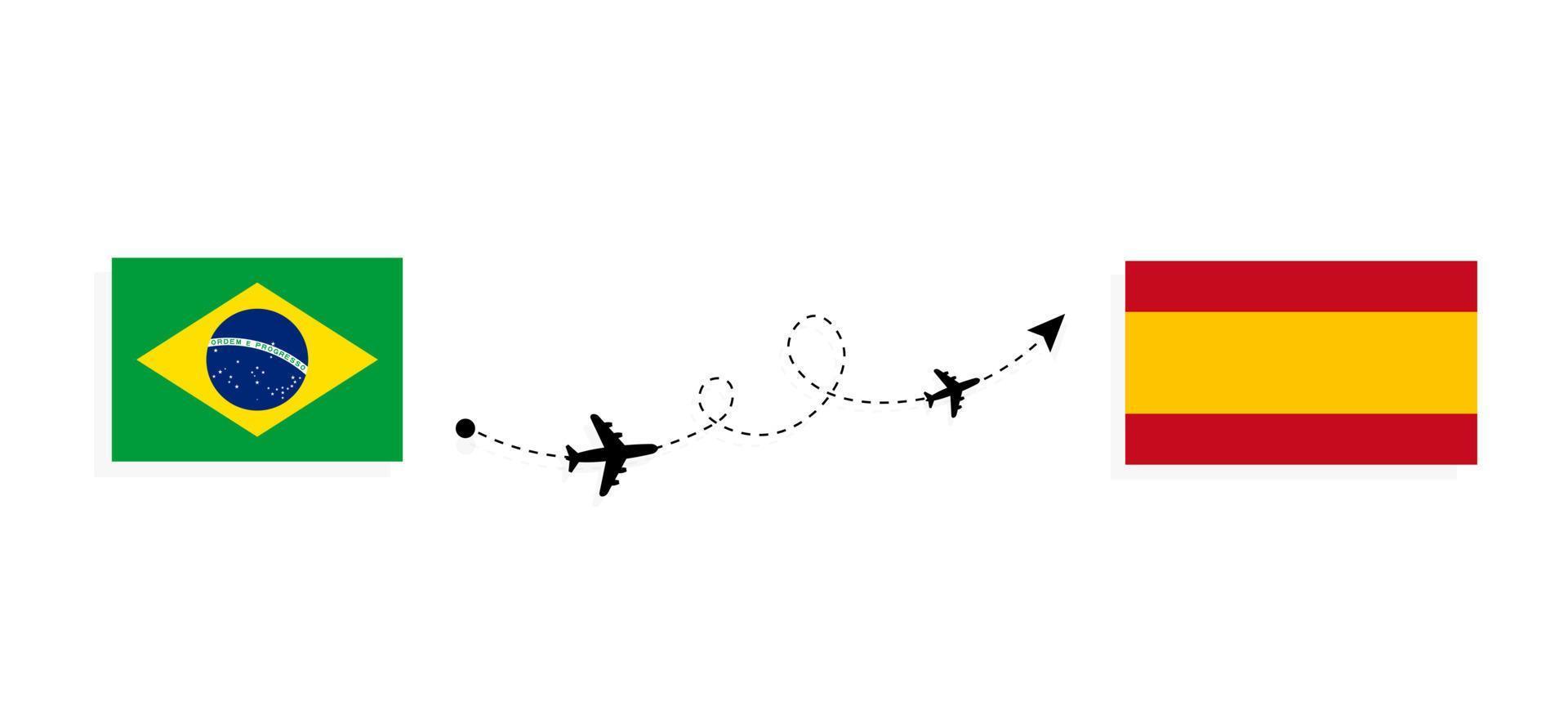 vlucht en reis van Brazilië naar Spanje per reisconcept voor passagiersvliegtuigen vector