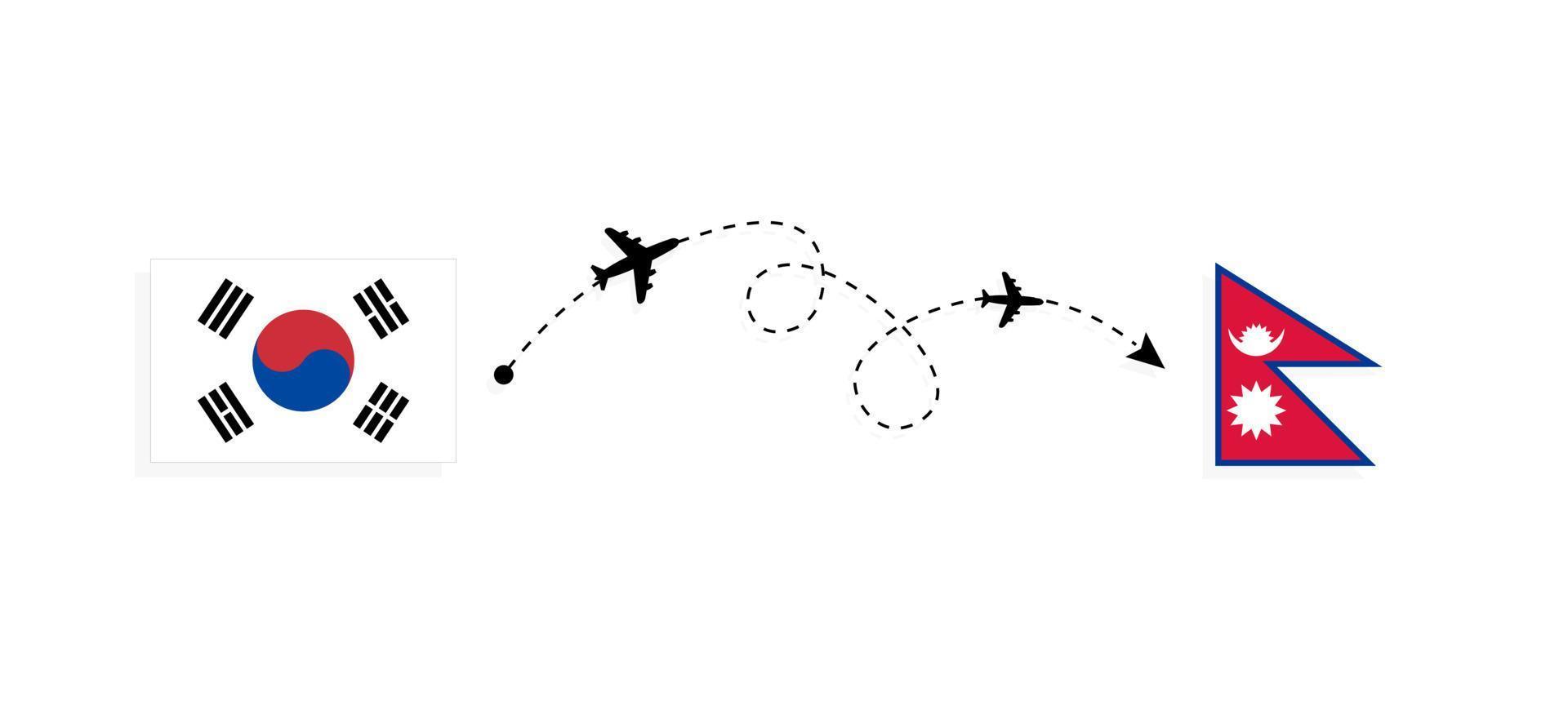 vlucht en reis van Zuid-Korea naar Nepal per reisconcept voor passagiersvliegtuigen vector