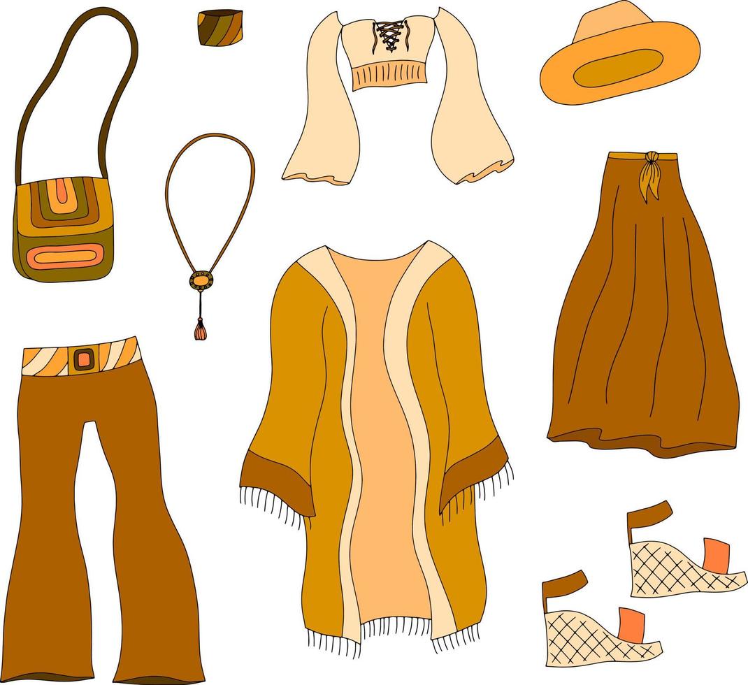 vector doodle illustratie set met boho vrouwelijke kleding. boho-stijl mode clipart. bohemien outfits.