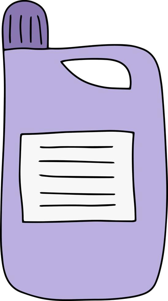 vector doodle illustratie wasverzachter in paarse fles. was apparatuur. vloeibaar reinigingsproduct