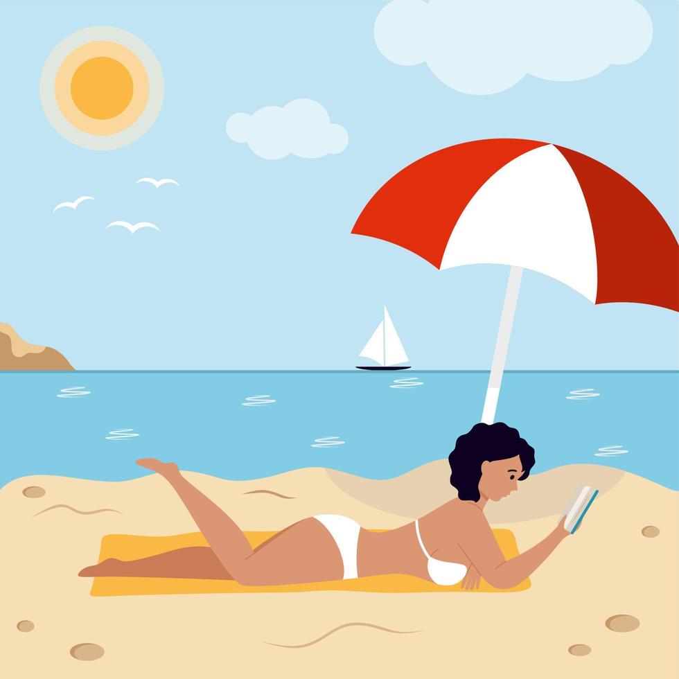 een vrouw in een zwempak ligt op het strand en leest een boek. toerisme en reizen. vakantie aan zee. vector