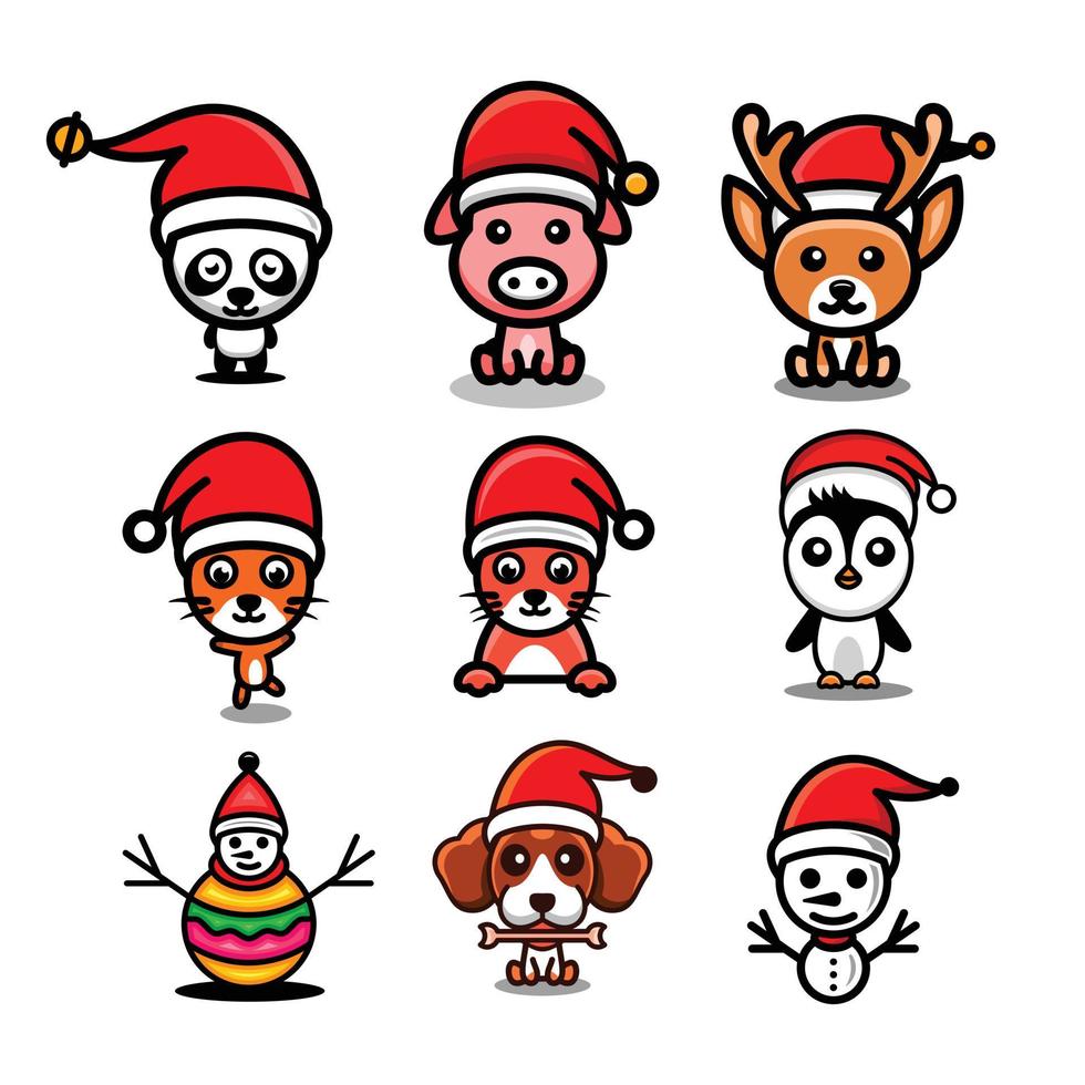 bundel set schattig dier met kerstmuts, met op witte achtergrond, vector logo ontwerpsjabloon