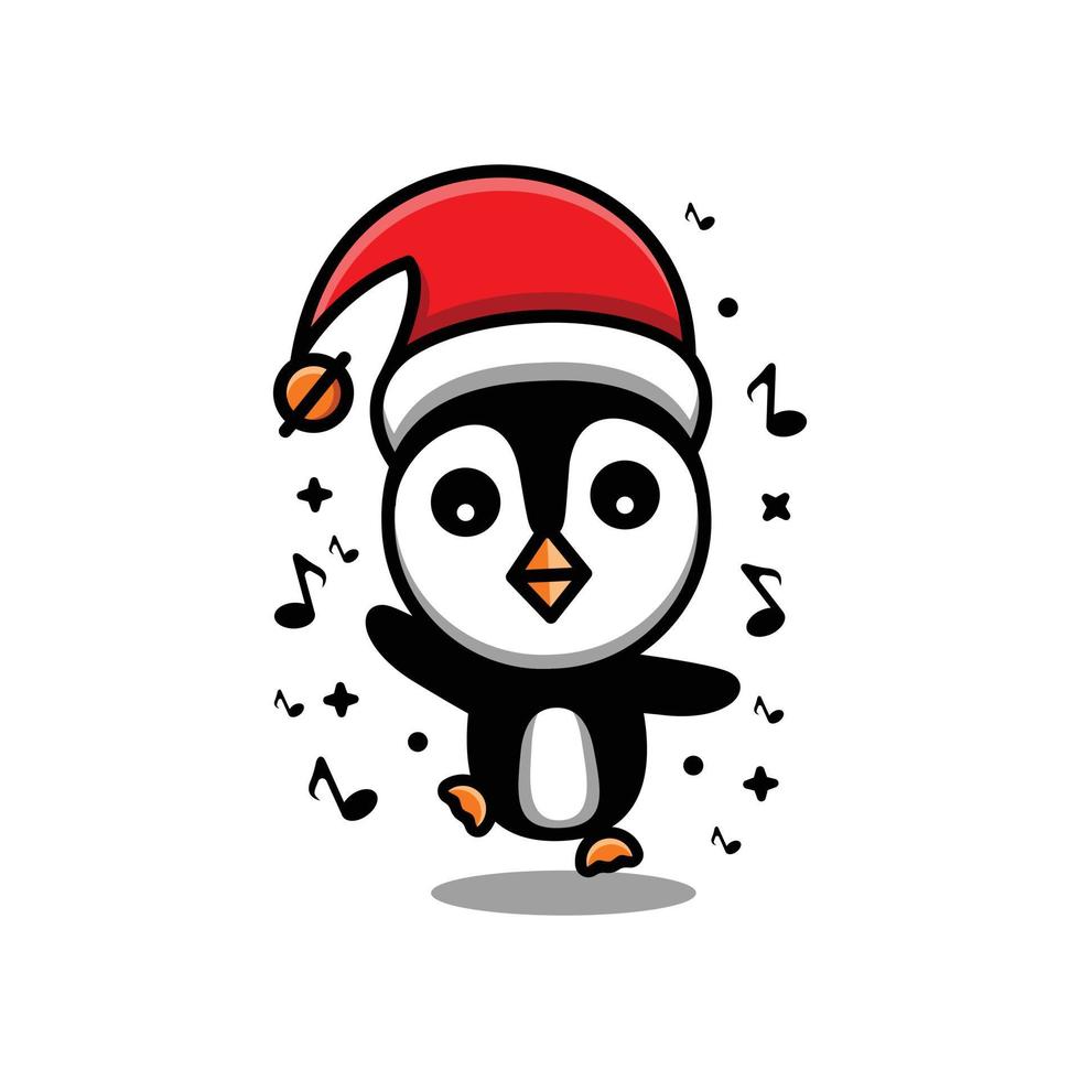 dansende pinguïn met kerstmuts op witte achtergrond, vector logo ontwerpsjabloon