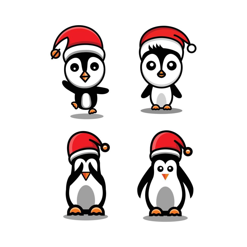 dier cartoon bundel pinguïn in kerstmuts, met op witte achtergrond, vector logo ontwerpsjabloon