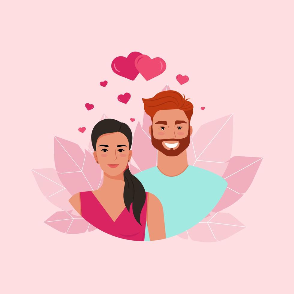 verliefde paar, ansichtkaart voor Valentijnsdag. jonge vrouw en man. vectorillustratie in vlakke stijl vector