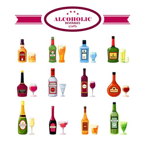 Alcoholische dranken dranken vlakke pictogrammen instellen vector