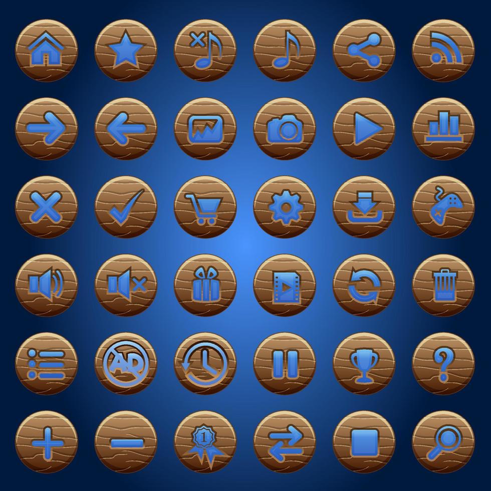gui knoppen hout pictogrammen instellen voor game-interfaces blauw. vector