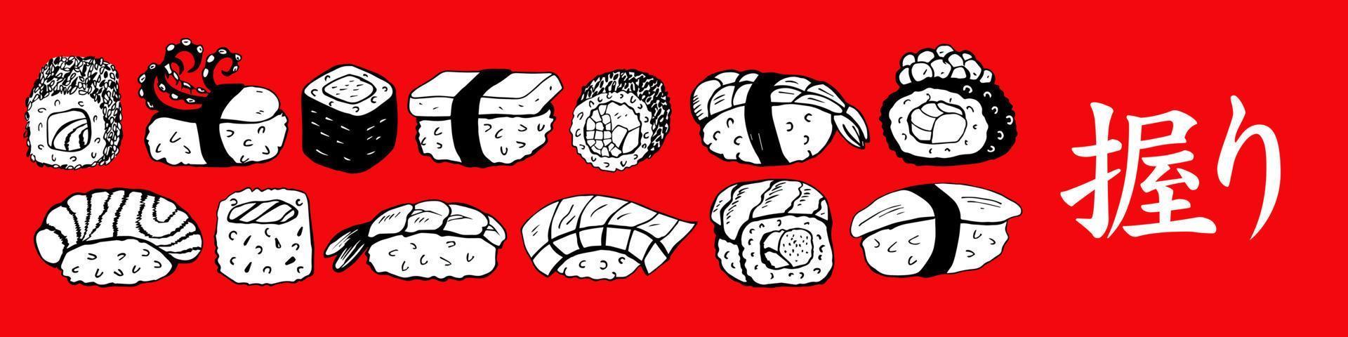 set handgetekende verschillende japanse sushi en broodjes. vectorillustratie. het Japanse karakter betekent sushi. vector