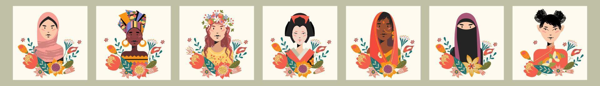 vrouwen van over de hele wereld. vrouwen in traditionele outfits. vectorillustratie. vector