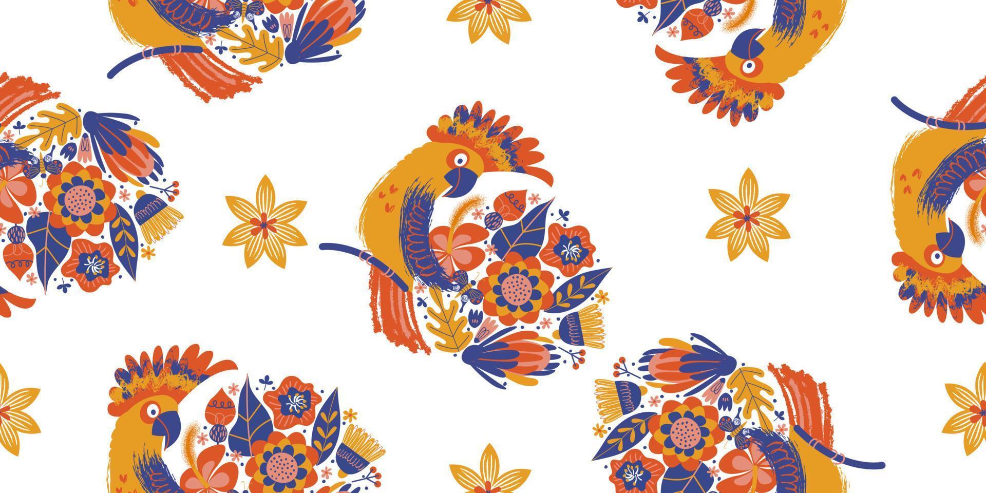 naadloze patroon op een witte achtergrond. papegaai en heldere bloemen. vector