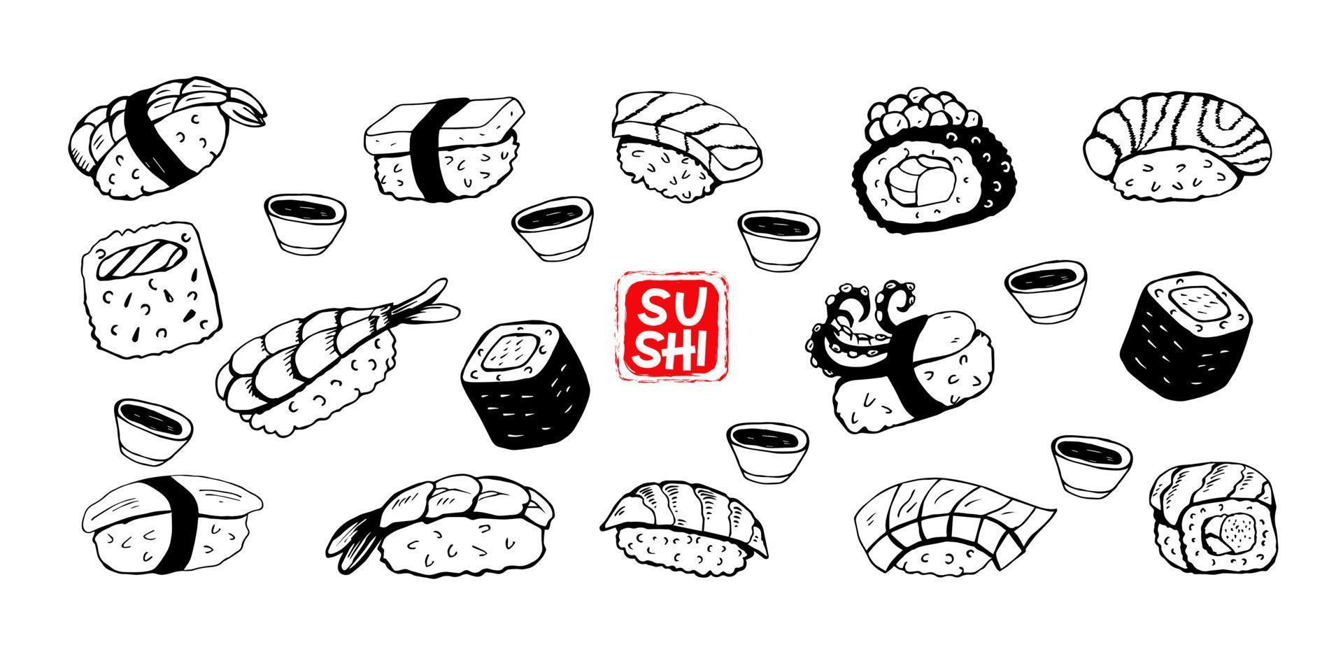 set handgetekende verschillende japanse sushi en broodjes. vectorillustratie. vector