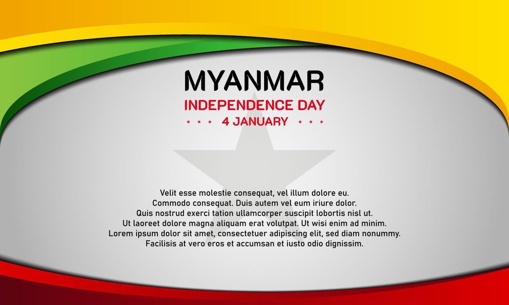 myanmar onafhankelijkheidsdag achtergrond. 4 januari. kopieer ruimte gebied. wenskaart, banner, vectorillustratie. met het myanmar nationale vlag en sterpictogram. premium en luxe design vector