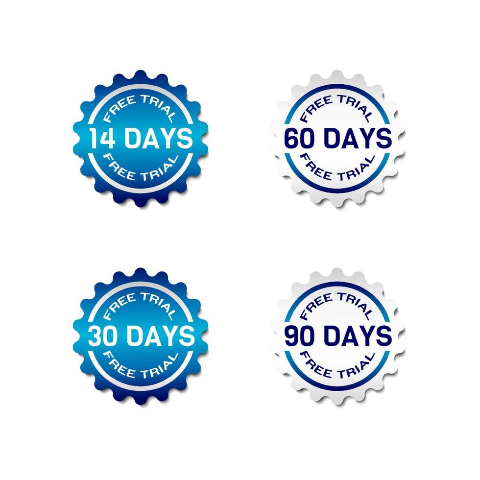 gratis proefbadges. 14, 30, 60 en 90 dagen sticker. vectorillustratie in platte papierstijl met kleurovergang blauwe en witte kleur. premium en luxe ontwerpsjabloon vector