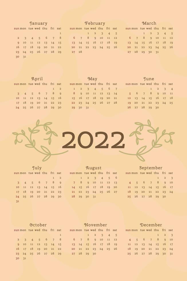 2022 kalender in delicate natuurlijke trendy stijl versierd met botanische bloemen handgetekende takbladeren. verticaal formaat. licht pastelgroene kleur. week begint op zondag. vector