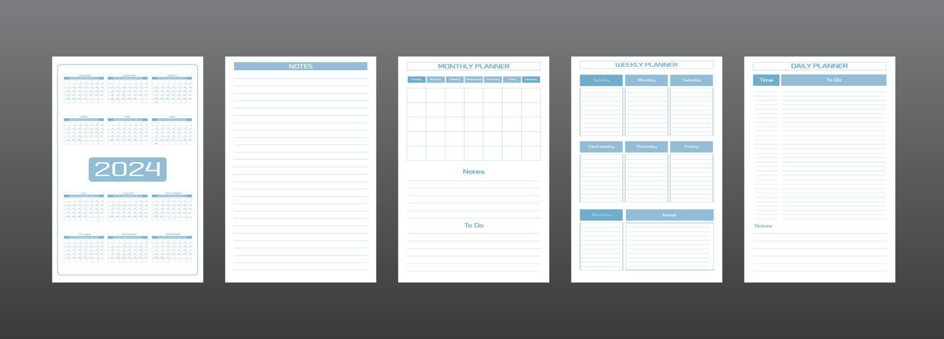 2024 kalender dagelijks wekelijks maandelijks persoonlijke planner dagboeksjabloon in strikt minimalistische stedelijke stijl grijsblauwe kleur. individueel rooster week begint op zondag vector