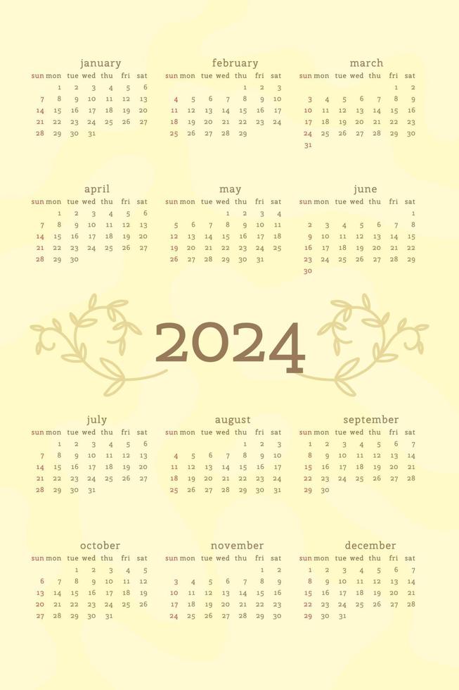 2024 kalender in delicate natuurlijke trendy stijl versierd met botanische bloemen handgetekende takbladeren. verticaal formaat. licht pastelgroene kleur. week begint op zondag. vector