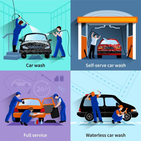 Car Wash Service 4 plat pictogrammen vector