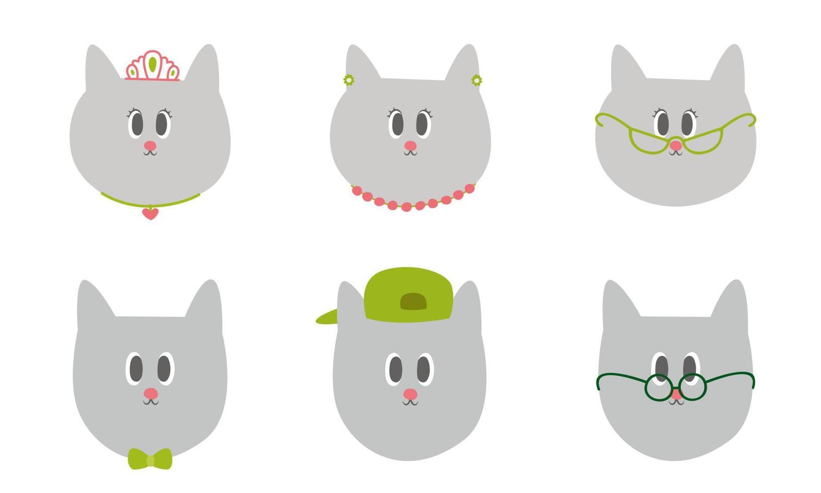 kattengezichten met accessoires. grappige huisdieren in doodle vlakke stijl vector